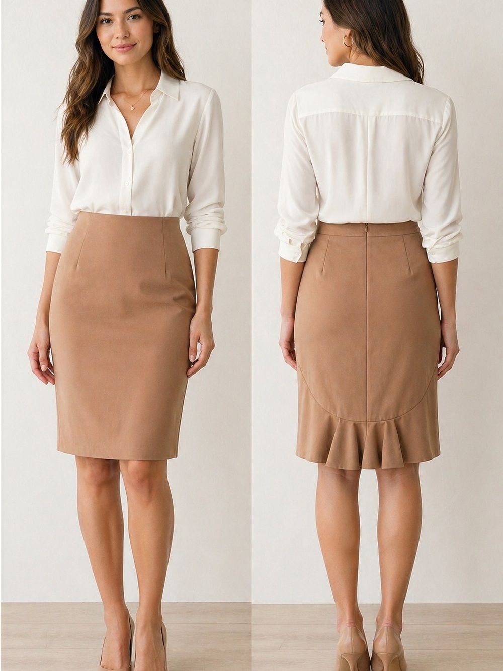 Rafaella Tan Pencil Skirt‎ with Back Ruffle, Size 12